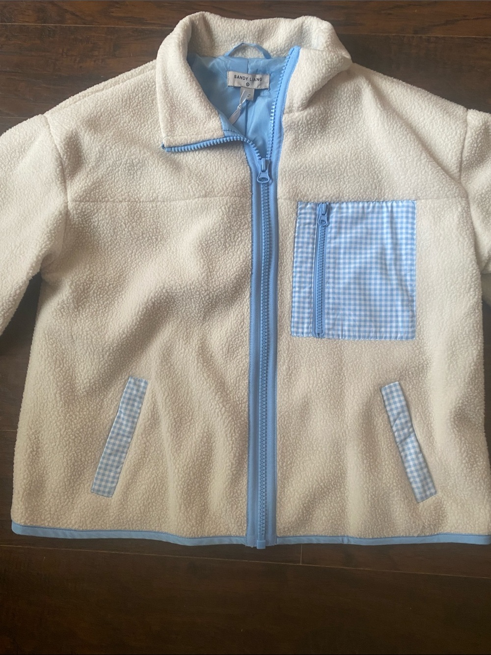Sandy Liang Cream Sherpa Jacket with Light Blue Trim